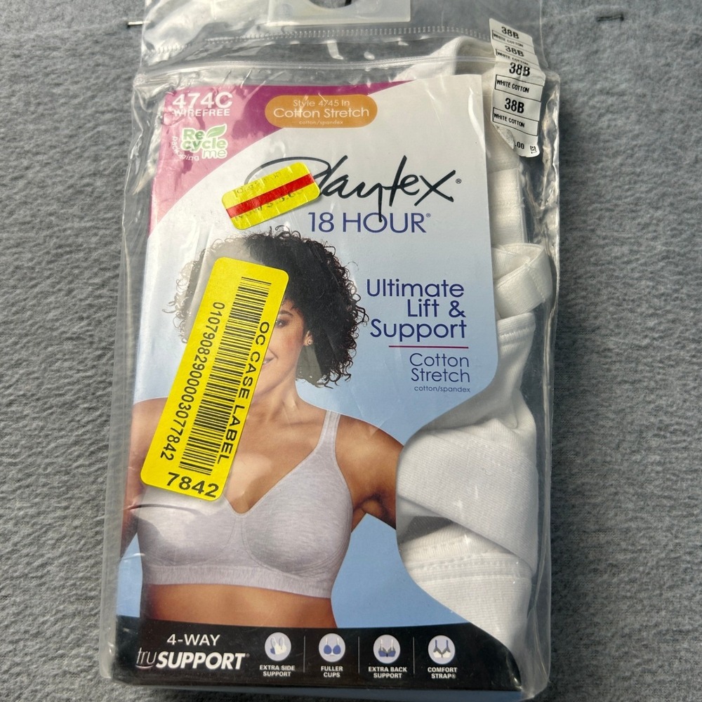 Playtex 18 Hour 474C Ultimate Lift Support Wirefree Bra 38B White Cotton Stretch